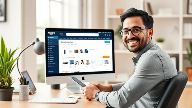 alt_text: Confident seller managing Amazon listings on a tablet in a bright home office.