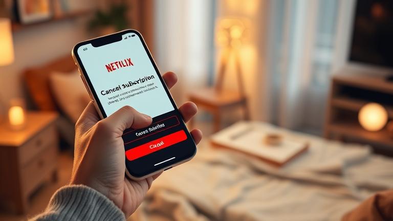 alt_text: Person managing Netflix subscription on phone in cozy home, with cancel option visible.