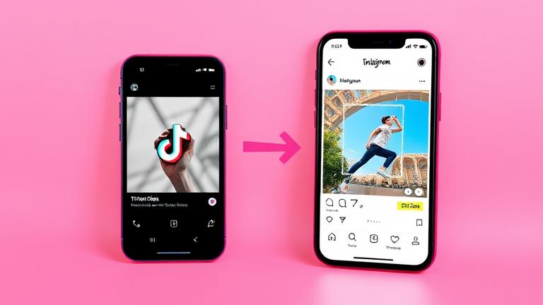 alt_text: Smartphone showing TikTok video and Instagram story, with arrows indicating sharing.
