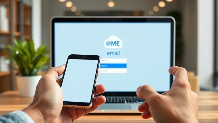 alt_text: Person with device at workspace accessing @ME email with login screen and email icons.