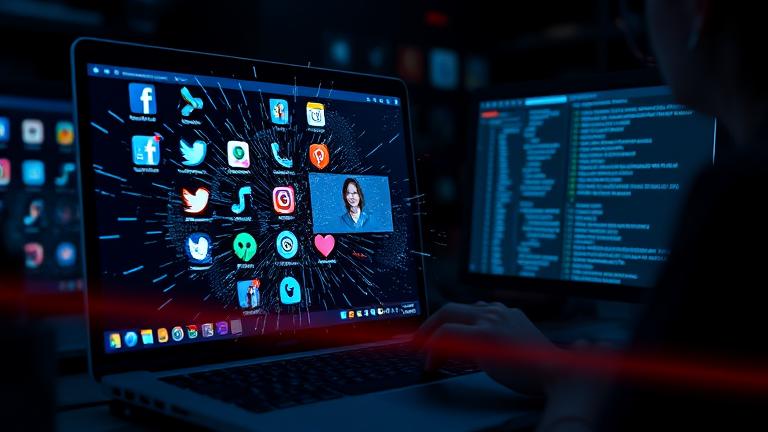 alt_text: Investigator examines digital traces on a shattered screen with fading social media icons.