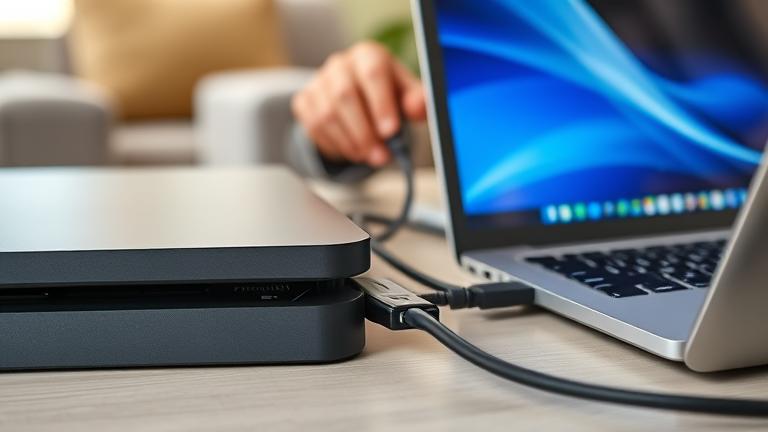 alt_text: Person connecting PS4 to laptop with HDMI and USB cables in a cozy gaming setup.