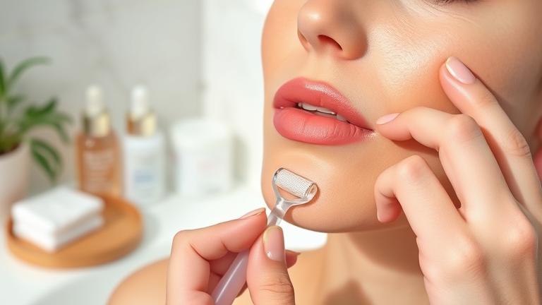 alt_text: Close-up of a person using a derma roller on clean skin, with skincare products in a bright, professional setting.
