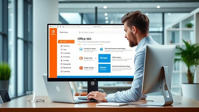 alt_text: IT specialist recovering an Office 365 mailbox in a modern office, showing recovery tools.