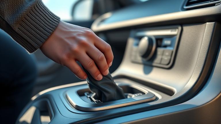 alt_text: Person pushes car in sunlight, shifting gear to neutral outdoors.