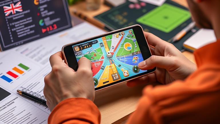alt_text: Person translating an Android game on a tablet with coding, notes, and language icons.