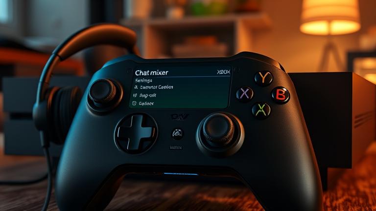 alt_text: Xbox One controller with chat mixer menu, headset, Xbox logo, cozy gaming setup.