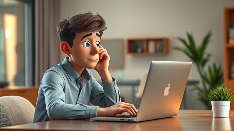 alt_text: Person puzzled at desk with laptop amid digital icons, exploring online account issues.