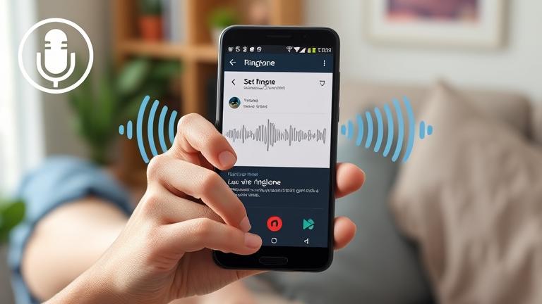 alt_text: Person with Android phone recording voice to set a custom ringtone, in a cozy, casual setting.