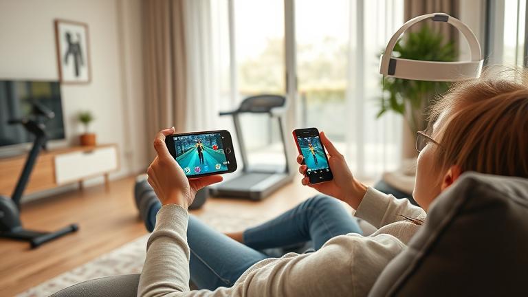 alt_text: Person playing Pokémon GO indoors using treadmill or VR setup, cozy modern room.