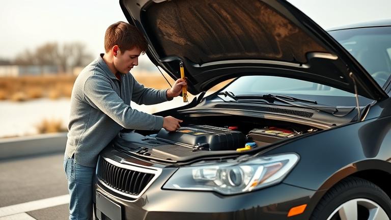 alt_text: Person safely opening a car hood with a dead battery outdoors, demonstrating troubleshooting.
