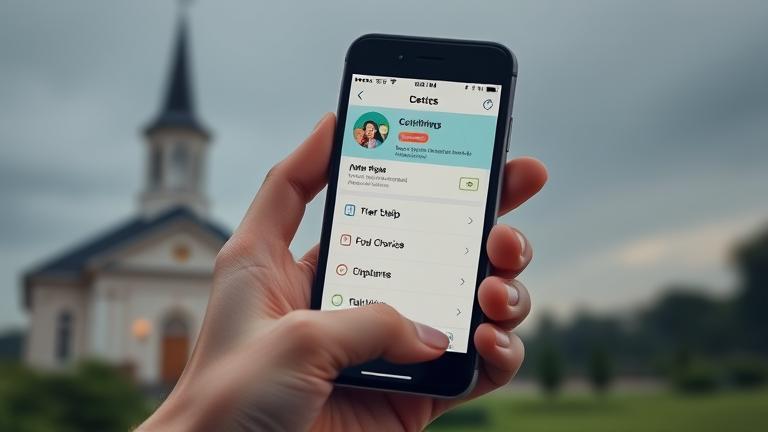 alt_text: Person holding phone with Christian dating app, settings menu open, peaceful background.