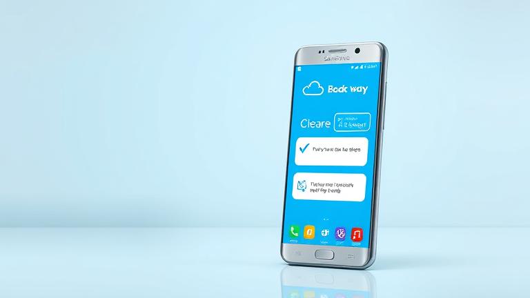 alt_text: Smartphone with Samsung Cloud app, data management icons, gears, and cloud symbols.