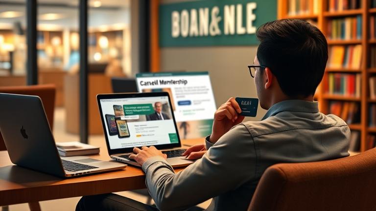 alt_text: Person at desk with laptop showing canceled B&N membership, warm lighting, bookstore background.