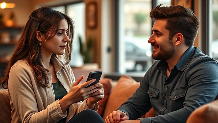 A woman respectfully asks a man to delete unwanted photos in a cozy, warm-lit setting.