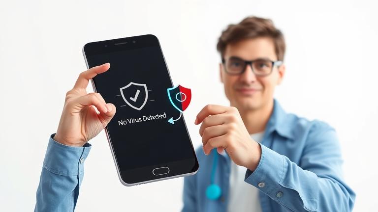 alt_text: Confident person troubleshooting Android with a shield icon, showing "No Virus Detected" on screen.