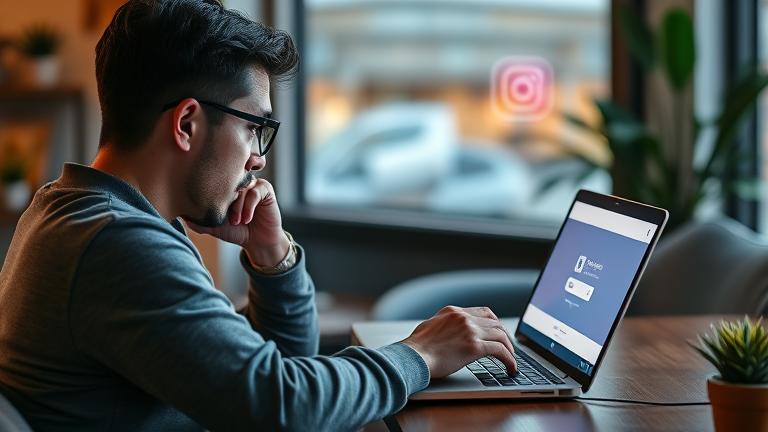 A person frustrated at a login screen in a cozy workspace, hinting at social media recovery.
