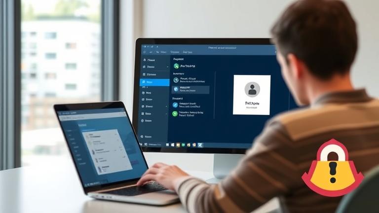 alt_text: Person managing user accounts on a Windows PC, with security icons and system settings.