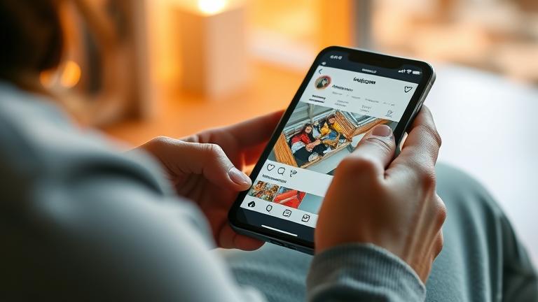 alt_text: Person browsing liked photos on Instagram with warm lighting and modern interface.