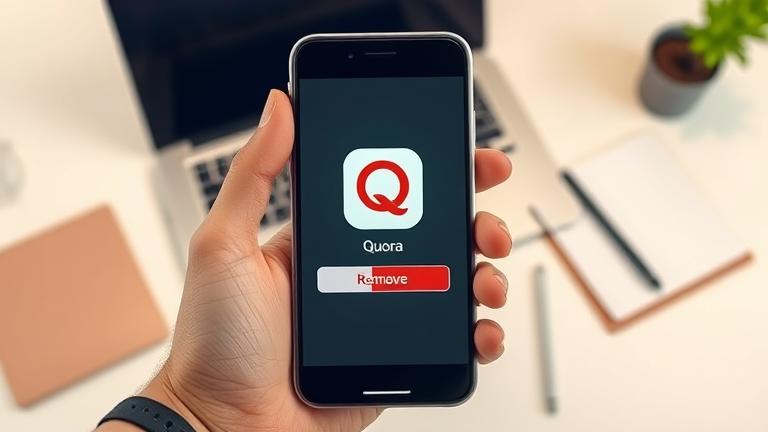 alt_text: Person removes Quora app from phone in a sleek workspace environment.