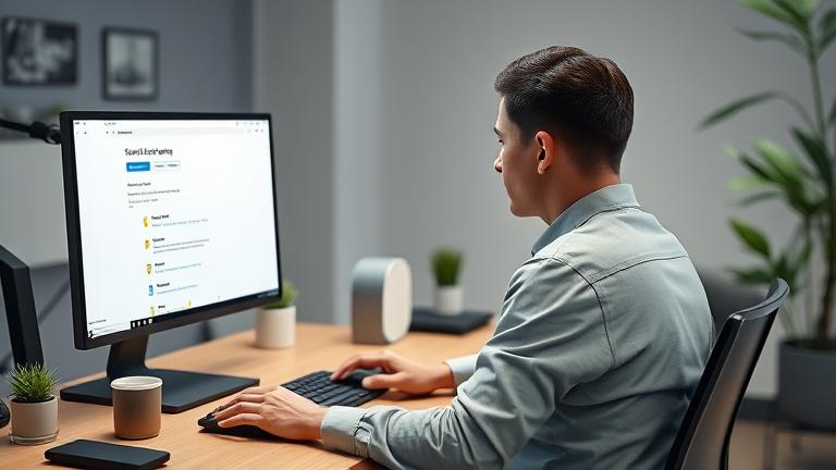 alt_text: Person at desk managing Windows account on laptop, with keyboard, mouse, coffee in modern office.