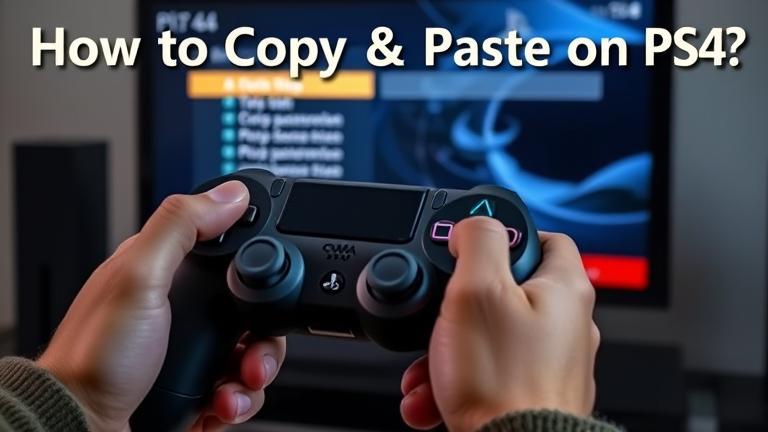 alt_text: Person holding PS4 controller with menu options; says "How to Copy & Paste on PS4?"