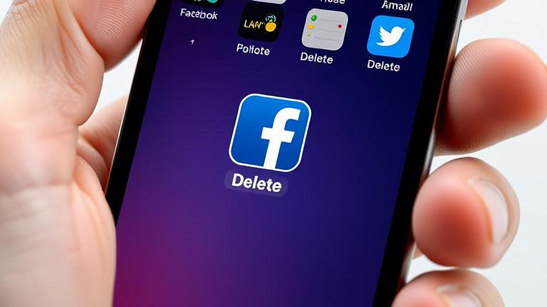alt_text: Close-up of iPhone screen, deleting the Facebook app with a hand holding the device.