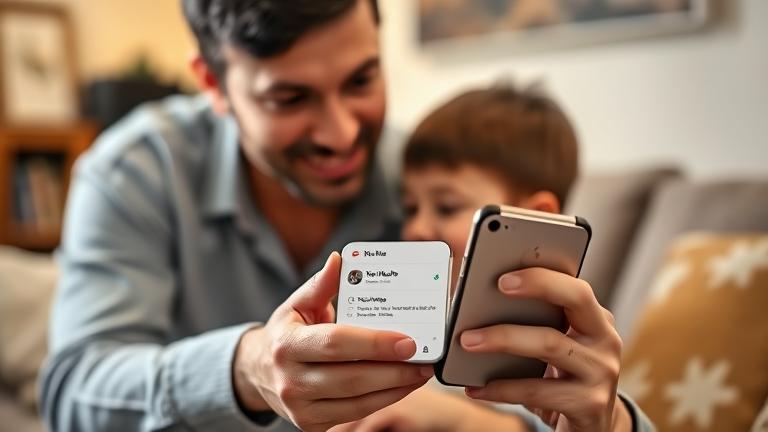 Alt text: Parent guides child setting up YouTube on phone with Google Family Link in a cozy, supervised environment.