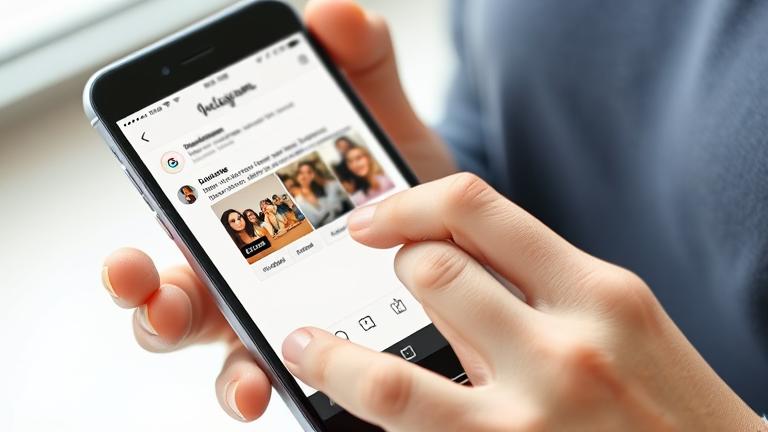 alt_text: Person taps 'hide suggestion' on Instagram explore, in a modern bright setting.