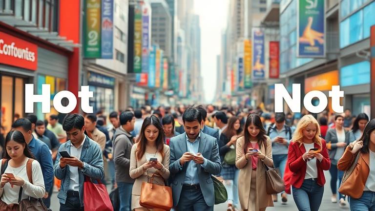 Alt_text: Busy city with people using devices, highlighting trending "Hot" vs. outdated "Not" items.