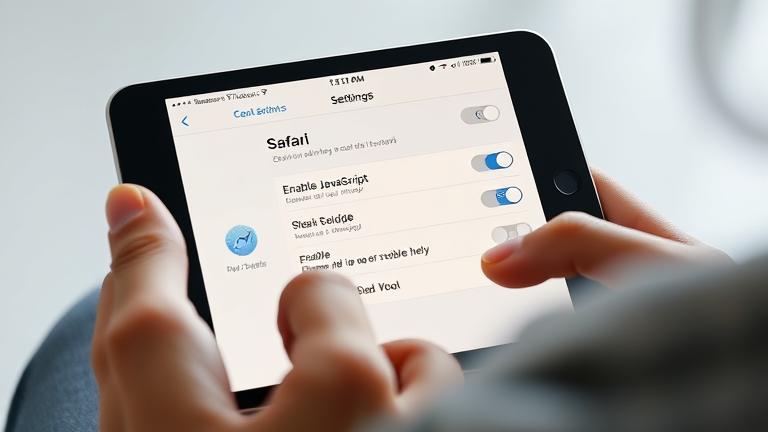 alt_text: Person with iPad Safari settings open, toggling JavaScript for privacy control.