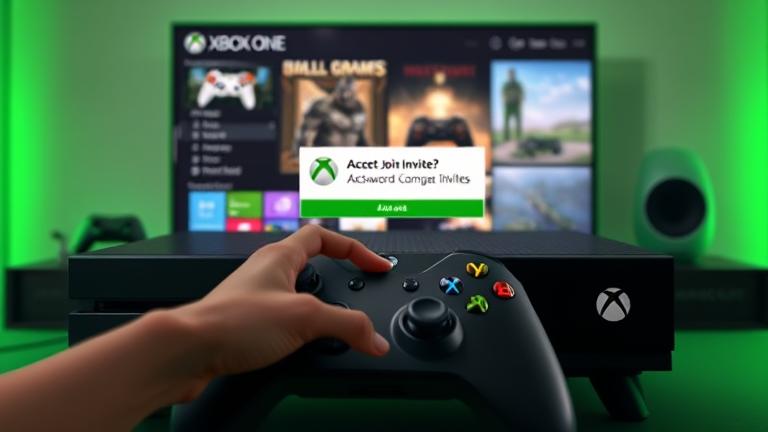 Xbox One invite screen with hand accepting a game via controller in gaming setup.