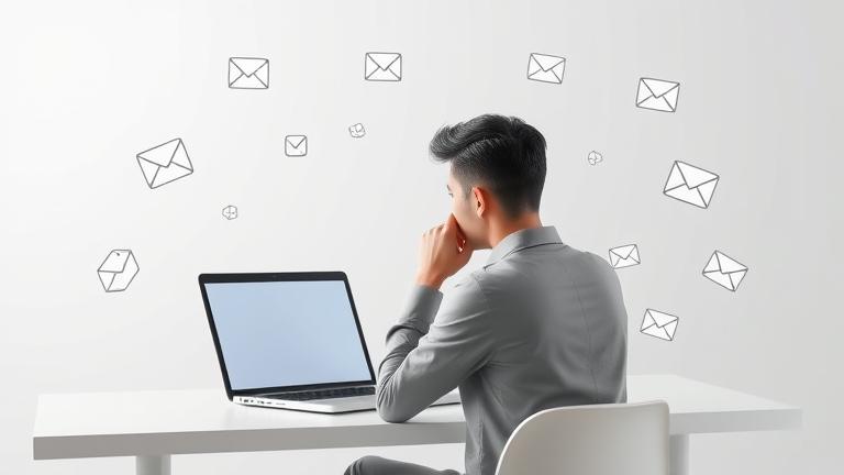 alt_text: Person at laptop with email icons, symbolizing managing and deleting email accounts.