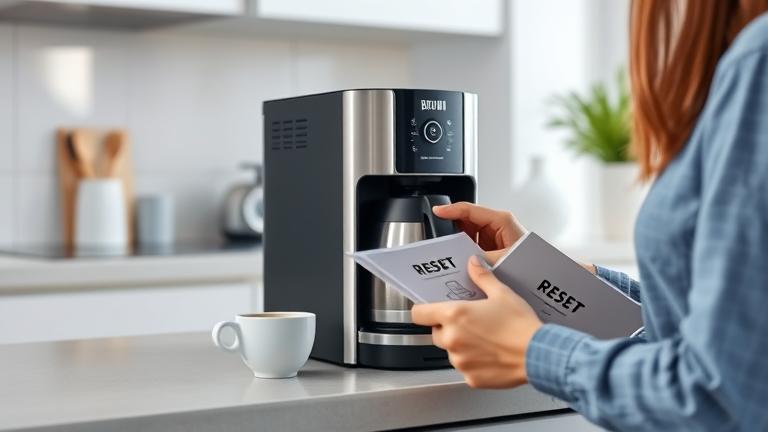 alt_text: Person troubleshooting a Braun coffee maker in a modern kitchen with a cup of coffee.