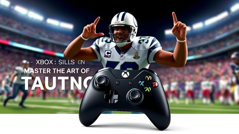 alt_text: Madden NFL 17 Xbox One scene with a taunting player, controller front, stadium backdrop.