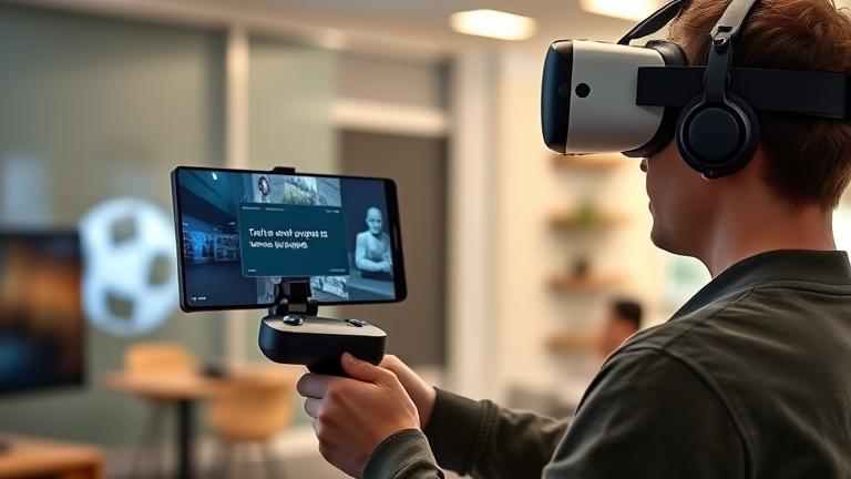 alt_text: Person in VR headset using Oculus Quest 2, with screenshot icon in a virtual environment.