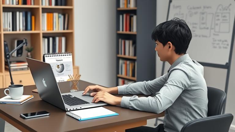 alt_text: Person working at a desk with Wikipedia on laptop, surrounded by notes, coffee, and device.