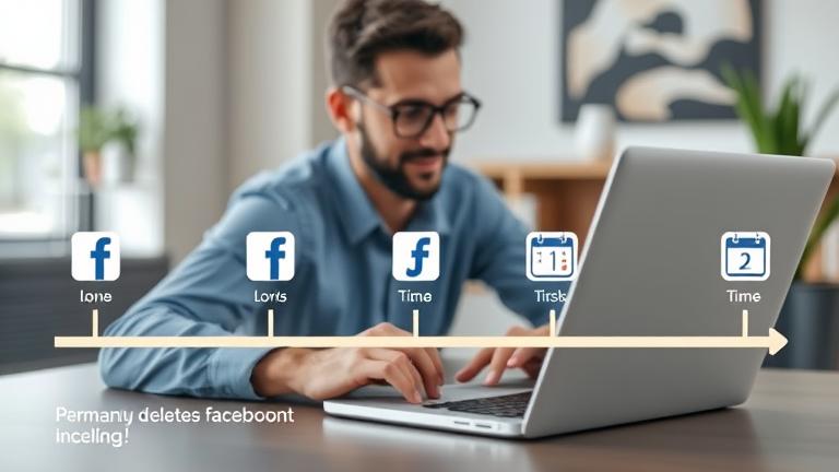 alt_text: Person deletes Facebook account, with icons and progress bar illustrating the process timeline.