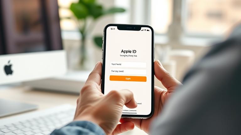 alt_text: Person setting up an Apple ID on a device in a modern, well-lit workspace.