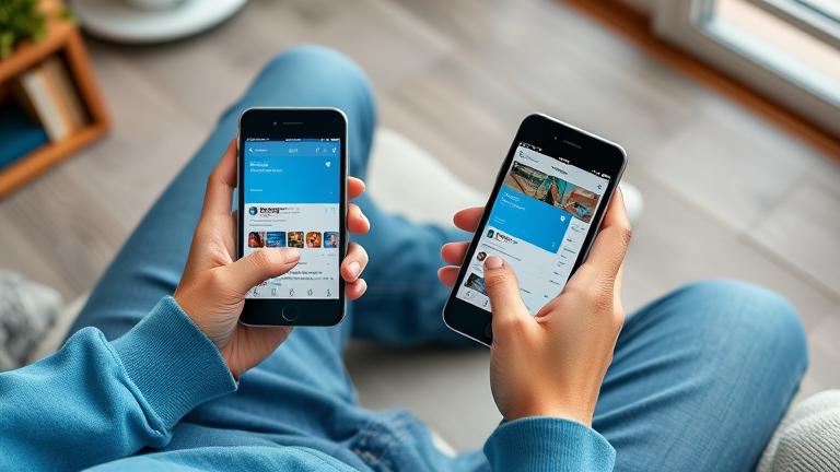 alt_text: Person with two devices showing different Twitter profiles in a cozy, modern workspace.