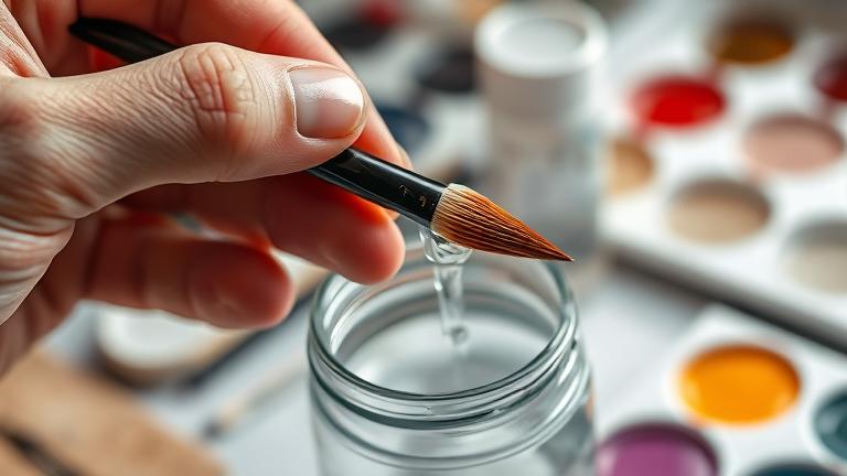 alt_text: Close-up of a hand rinsing a paintbrush in water, highlighting brush cleaning in art.