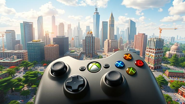 alt_text: Xbox 360 Minecraft city build with diverse architecture, tools, and immersive detail.