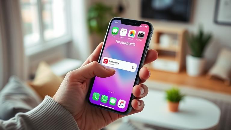 alt_text: Person taps Houseparty app on iPhone in a cozy, modern setting, suggesting account management.