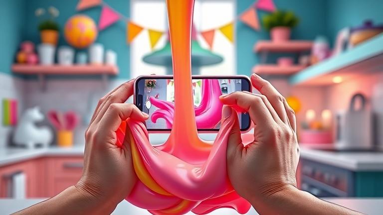 alt_text: Person making colorful slime in a decorated, vibrant kitchen with Instagram-inspired props.