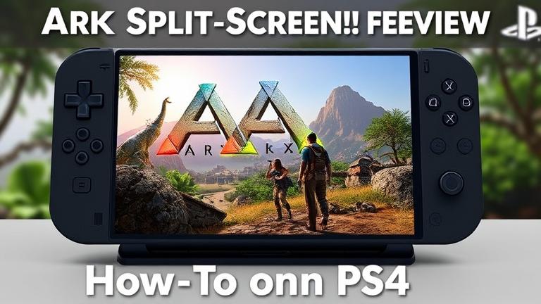 alt_text: PS4 showing ARK split-screen with two players in a lush prehistoric world.