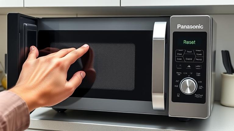 alt_text: Modern Panasonic inverter microwave, door open, hand pressing reset in a bright, tidy kitchen.