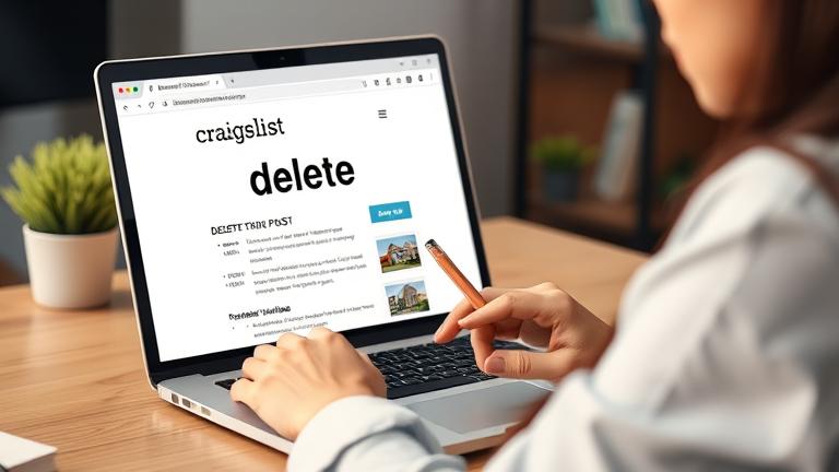 alt_text: Person confidently deleting a Craigslist post on a laptop with clear delete options.