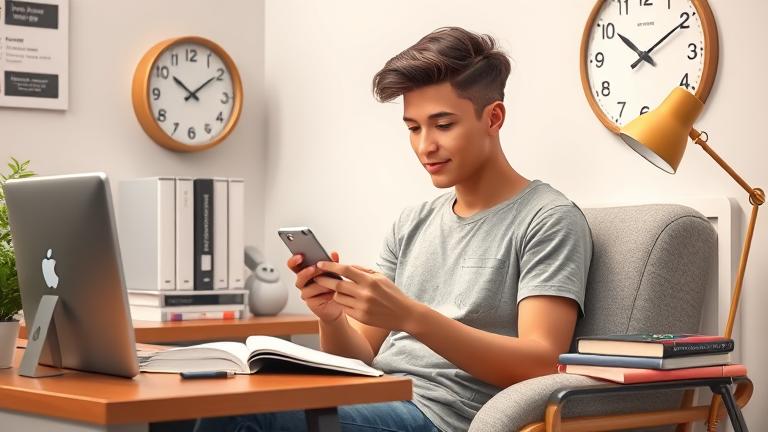 alt_text: Young adult managing social media wisely, reading a book at a tidy, organized desk.