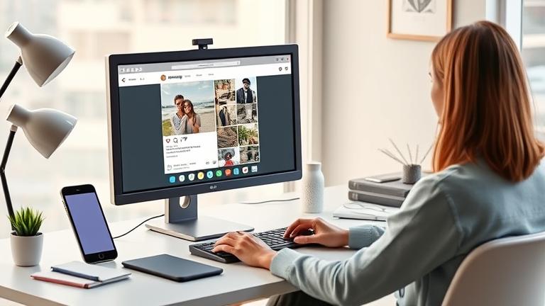 alt_text: Person uploading a photo to Instagram from a desktop, with a smartphone and notes nearby.