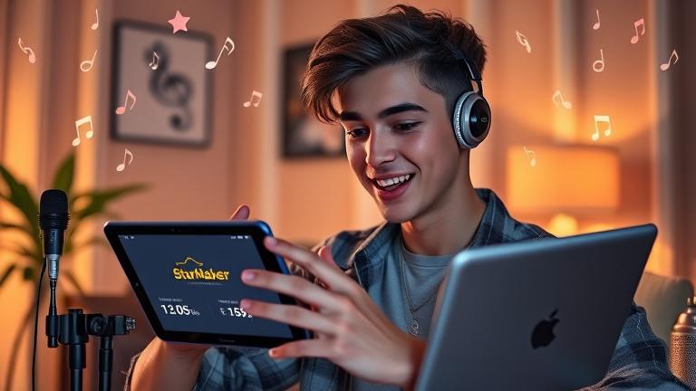 alt_text: Young person recording music on phone in cozy studio, with stars, coins, and earning stats.